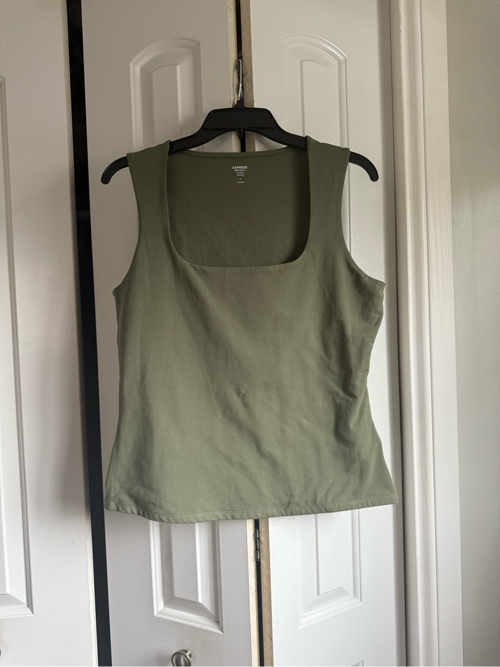 Express Body Contour cotton blend compression tank top in a green square neck